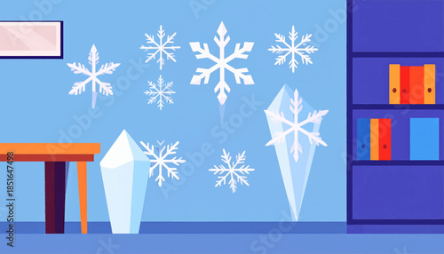 Light blue wall with snowflakes, a table, ice crystals, and a shelf with color-blocked folders