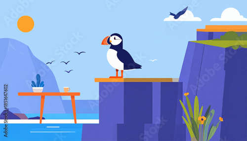 Puffin stands on a cliff near the sea with flowers, a table, and sky. Birds fly nearby. Illustration