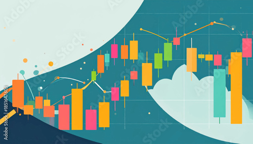 Graphic stock chart with colorful candlesticks and line on teal, framed by abstract shapes, over a grid