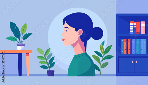 Graphic style of a woman's profile with plants and a bookshelf in a blue room