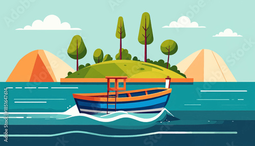 Graphic stylized boat with orange trim, blue hull on water with island background in flat design style