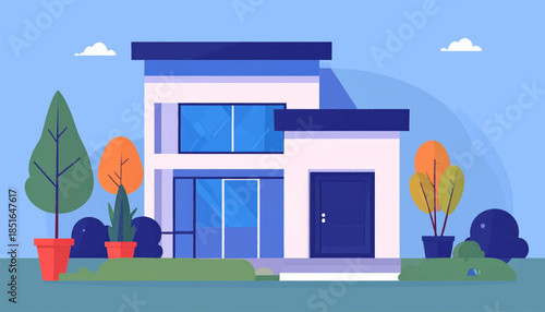 Stylized, colorful illustration of a modern two-story house with trees and plants on a blue background
