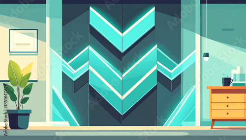 Light-filled room, geometric pattern, plant, simple artwork, minimal design, yellow cabinet, cup, books