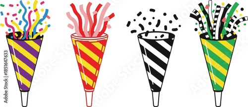 Colorful illustration of four striped cones with confetti