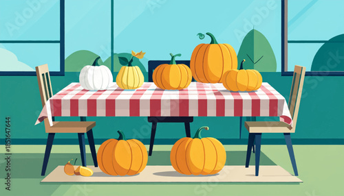 Pumpkins of various colors and sizes sit atop a red-and-white checkered tablecloth in a kitchen scene