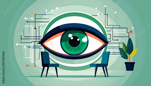 Graphic stylized eye in a light green interior with chairs and circuits background in a cartoonish aesthetic
