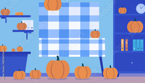 Pumpkins populate an office space with blue checkered blinds and blue furniture in a flat style