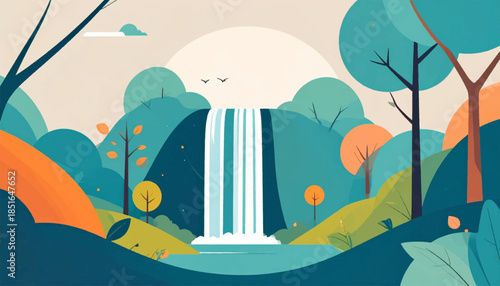 Stylized, colorful landscape with waterfall, trees, birds, and a soft sky in a minimalist, geometric art style