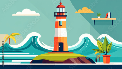 Lighthouse scene with stylized ocean waves, island, palm tree, potted plant, and shelf on teal background
