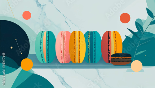 Stylized, colorful macarons in a row against abstract shapes and a marbled backdrop, with organic botanical elements