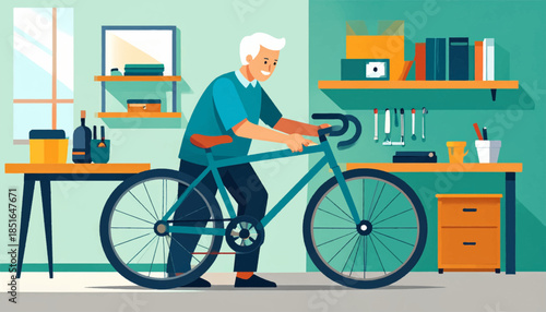 Illustration of an older man inspecting a blue bicycle in a room with shelves and furniture