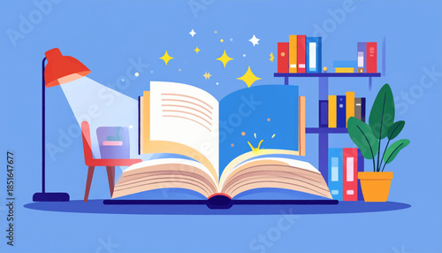 Illustration of an open book, lamp, chair, and bookshelf against a blue background with a bright, cheerful aesthetic