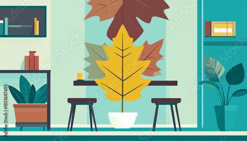 Graphic-style interior featuring houseplants and stylized leaves above a table and chairs in a pastel color scheme