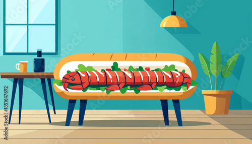 Quirky room scene with a lobster-shaped table, plant, lamp, and coffee table near a window, stylized art