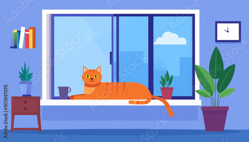 Illustration of an orange cat resting on a windowsill indoors with plants, books, and a view