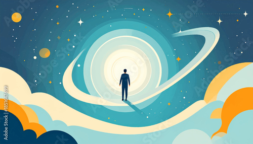 Lone figure walks into space tunnel amidst starfield and surreal clouds, rendered in blue and gold tones