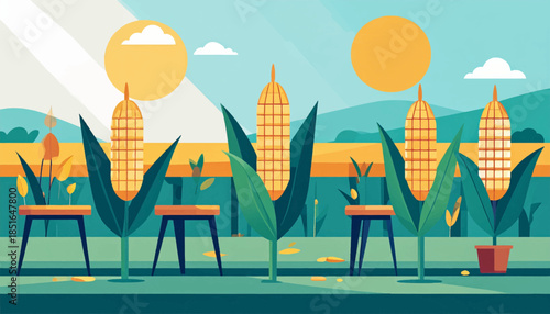 Stylized cornfield illustration featuring plants on stands with a bright sky and distant hills in a minimalist design