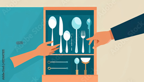Illustration of cabinet interior, cutlery and utensils, two hands reaching
