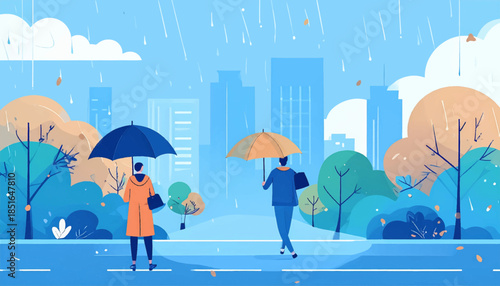 Rainy day scene, two figures with umbrellas walk in a stylized city park, trees, buildings and falling leaves