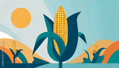 Illustration of corn stalks in a field under a bright sun against a blue sky in a stylized, geometric design