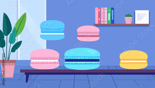 Illustration of colorful macarons on a table in a room with books and a plant, under blue walls