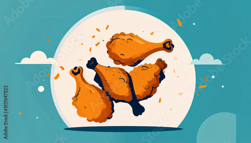Illustration of crispy fried chicken on a white plate against a teal background with stylized clouds