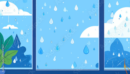 Rainy day view rain drops on window, plants, clouds, serene blue hues, calming illustration