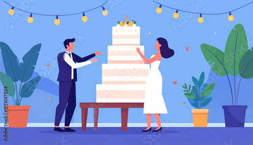 Illustration of couple at a wedding cake during a celebration with lights and plants in pots