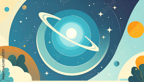 Stylized cosmic art of a planet with rings, against a starry backdrop with stylized foliage