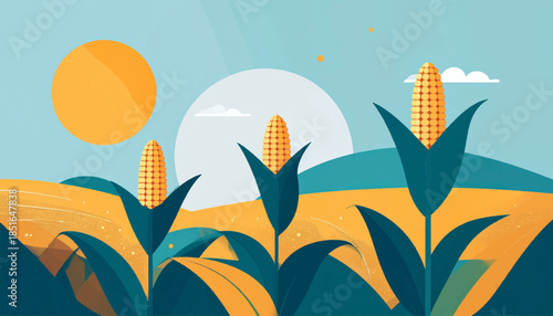 Stylized cornfield yellow corn stalks, blue leaves, fields, sun, & sky in minimalist illustration