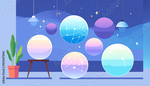 Illustration of diverse spheres, some on tables, beneath pendant lights and a starry blue sky