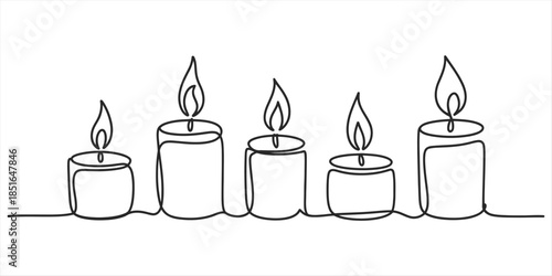 Simple continuous line drawing illustration of five lit candles in a row Vector, illustration