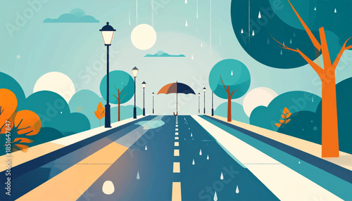 Rainy streetscape illustration with lamps, trees, umbrella, and stylized rain using a flat color palette