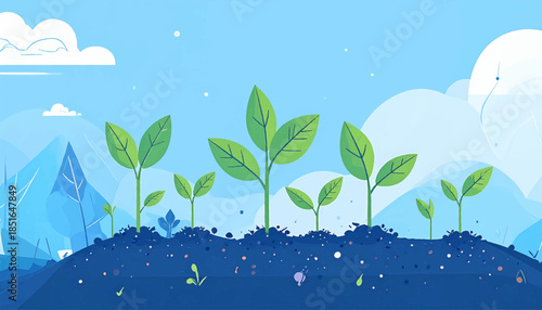 Growing green seedlings rise from dark soil against a light blue, cloudy, abstract background