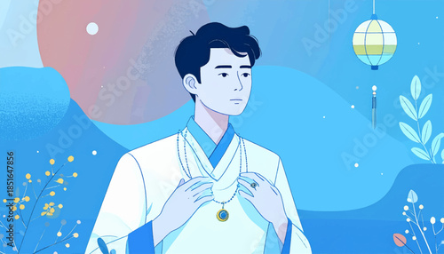 Man adjusts necklace in a serene blue landscape with plants and a floating lantern illustration