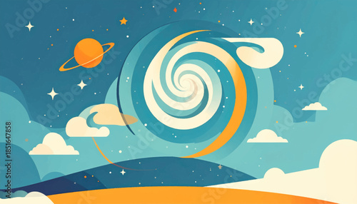 Stylized cosmic scene featuring a planet, stars, swirling vortex, and clouds against a blue gradient sky