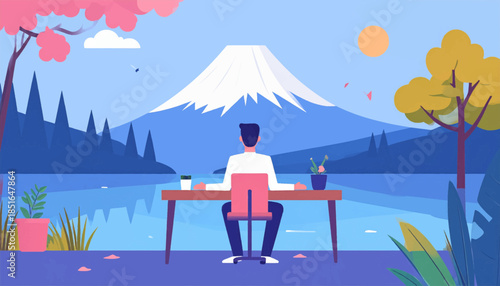 Man at desk faces scenic mountain backdrop illustration with flat art style, trees, lake and sky in bright, flat colors