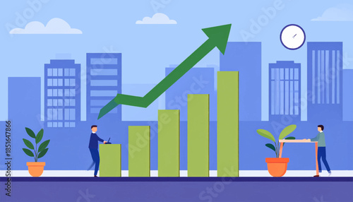 Growth Chart with arrow upwards, and colleagues in city background