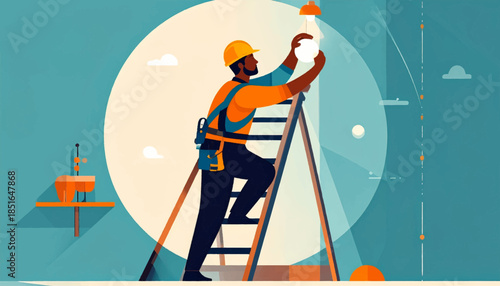 Illustration of electrician on ladder changing lightbulb, stylized background