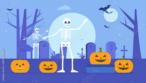 Halloween night scene with skeletons, pumpkins, graveyard, moon, and bats in a blue color scheme