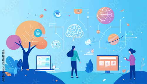 Illustration of figures interacting with digital elements floating in a stylized, serene landscape