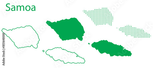 Samoa Map Vector Set, Polynesia Oceania Outline Silhouette Dotted Green Shapes, Samoa Country Infographic Template, Editable EPS Samoa Geography