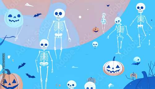 Halloween scene with skeletons, pumpkins, and bats against a blue and peach background