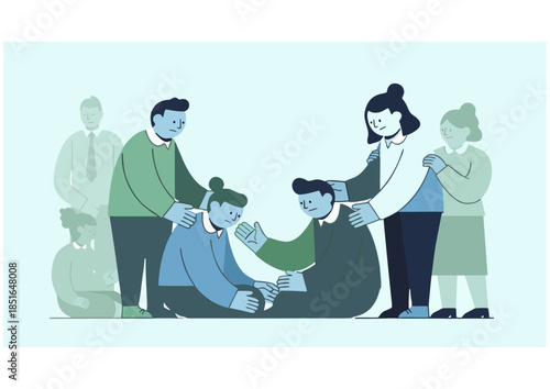 Supportive group providing comfort and emotional assistance to a distressed individual, symbolizing empathy, community care, and mental well-being