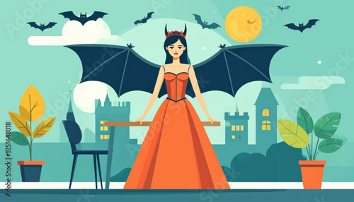Halloween stylized artwork with winged woman and bats against a city backdrop under a full moon