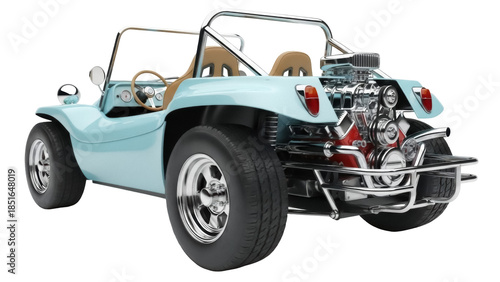 Fotografie Light blue dune buggy car isolated PNG, vintage beach vehicle with chrome engine