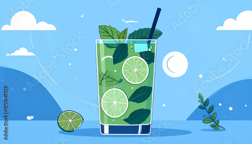 Refreshing illustration of a cool mojito cocktail on a bright blue stylized landscape background