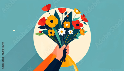 Hand holding a bouquet of colorful flowers against a circular backdrop
