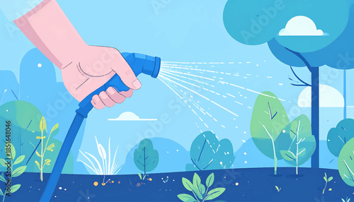 Hand holding a blue garden hose watering plants in a garden under a clear sky