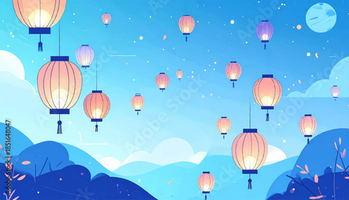 Illustration of glowing lanterns floating in a serene blue landscape with rolling hills and a bright moon